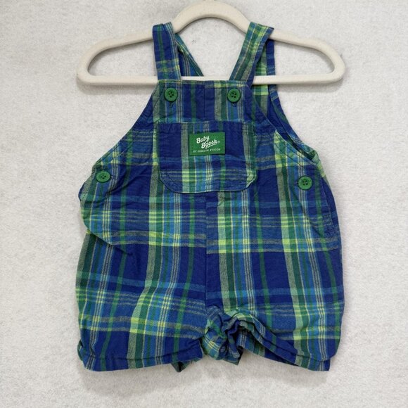 Vintage OshKosh B'gosh Romper Boys 6-9M Plaid Overalls Made USA 90s - Picture 1 of 9